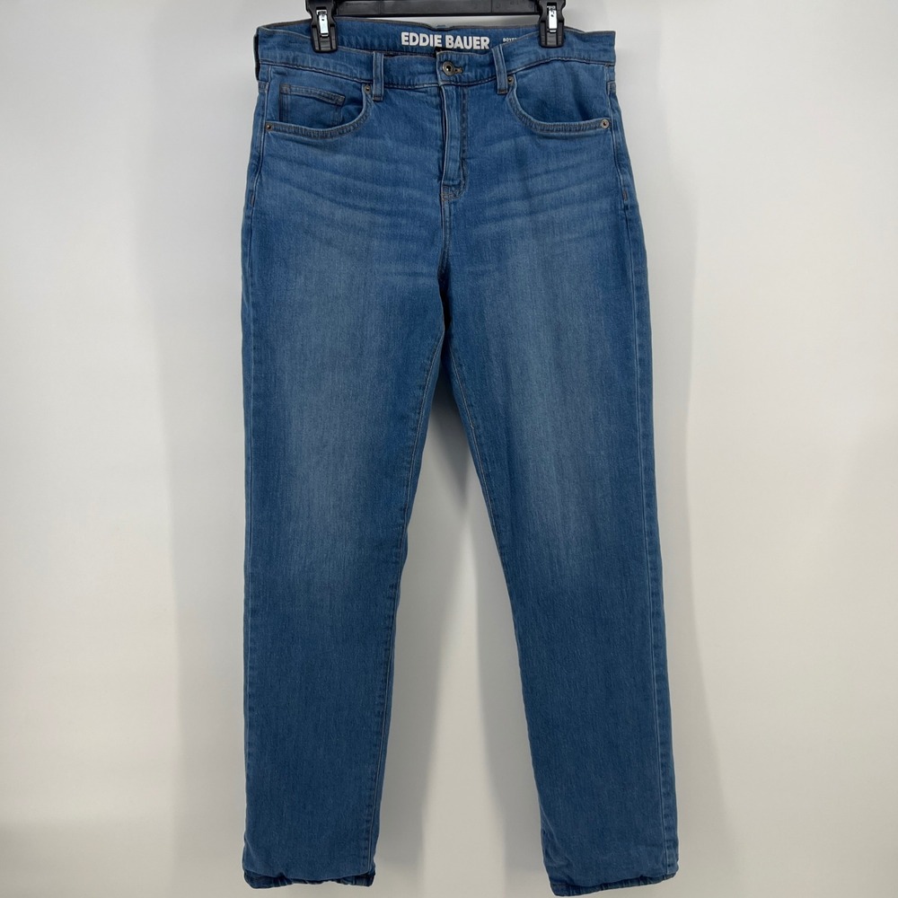 Eddie Bauer Flannel Lined Jeans Womens 8 Boyfriend Midrise Slim Blue Plaid